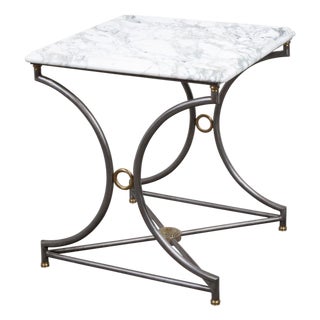 French Mid-Century Steel and Bronze Console Table with White Veined Marble Top For Sale