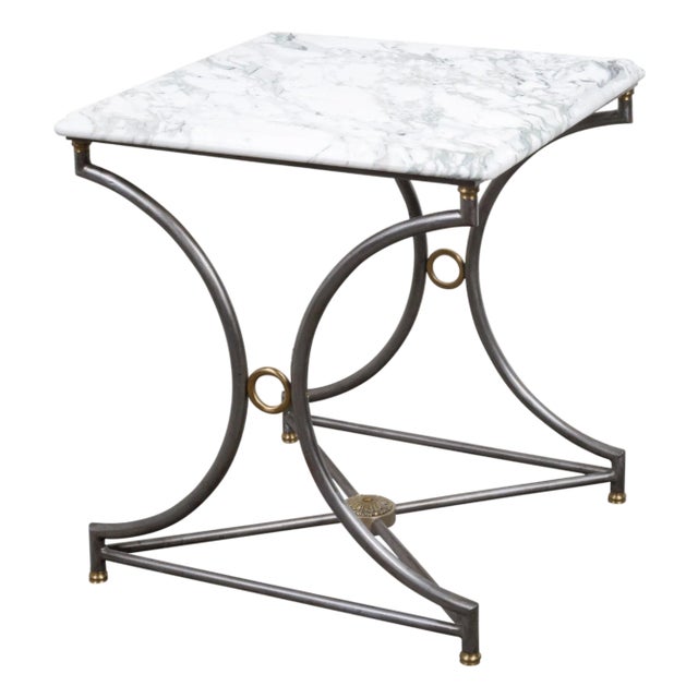 French Mid-Century Steel and Bronze Console Table with White Veined Marble Top For Sale