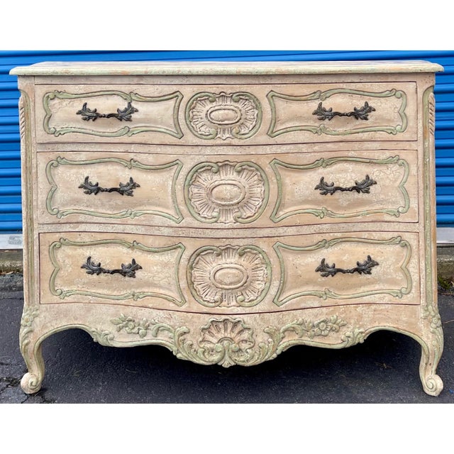 French French Louis XVI Style Cerused Painted Commode / Chest With Carved Shell Motif For Sale - Image 3 of 10