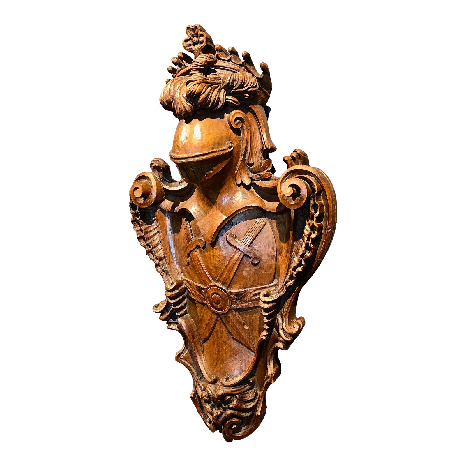 19th Century Hand Carved Heraldic Wall Crest W/ Armored Knight Motif ...