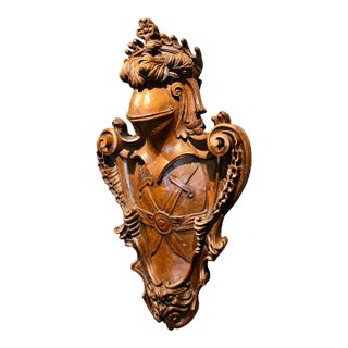 19th Century Hand Carved Heraldic Wall Crest W/ Armored Knight Motif For Sale