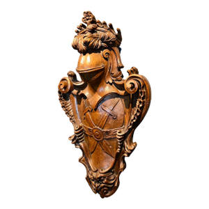 19th Century Hand Carved Heraldic Wall Crest W/ Armored Knight Motif