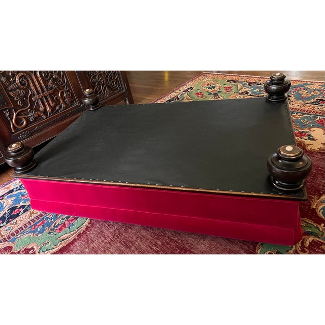 Cerise Custom Fuchsia Pink Velvet Cocktail Ottoman With Dark Wood Base & Bun Feet For Sale - Image 8 of 11