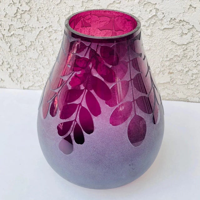 1980s Ken Benson Ls Signed Purple Amethyst Cameo Carved Leaves Frosted Art Glass Vase For Sale - Image 12 of 13
