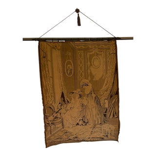 Antique Woven Wall Tapestry With Metal Hanging Rail For Sale