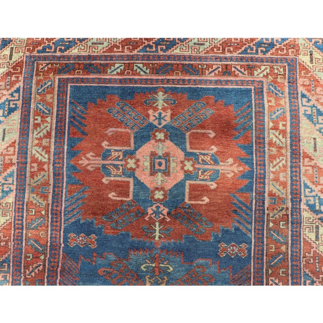 Antique Persian Kurdish Gallery Rug With Blue Field and Bold Geometric Medallion For Sale In Atlanta - Image 6 of 13