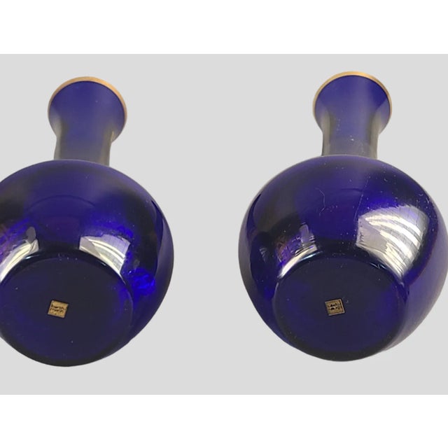 Vintage Barth-Mann Pair Crystal Art Deco Blue Glass Crackle Gold Vases Germany For Sale - Image 4 of 5