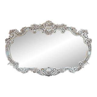 1960s Rococo Revival Wall Mirror Newly Painted in Swedish Gustavian Style Linen White and Light Blue For Sale