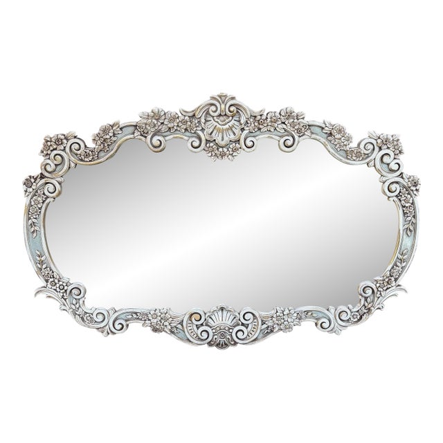 1960s Rococo Revival Wall Mirror Newly Painted in Swedish Gustavian Style Linen White and Light Blue For Sale