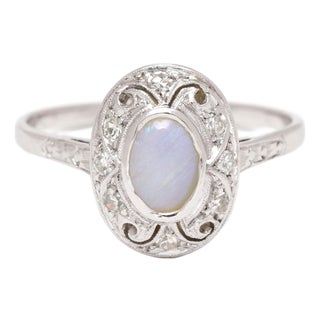 1960s Opal and Diamond Cocktail Ring, 14k White Gold, Ring Size 5.5 For Sale
