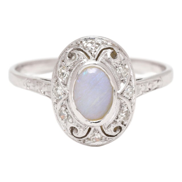 1960s Opal and Diamond Cocktail Ring, 14k White Gold, Ring Size 5.5 For Sale