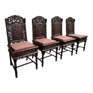 Antique Qing Dynasty Chinese Carved Rosewood Side Dining Dragon Chairs 1880- Set of 4