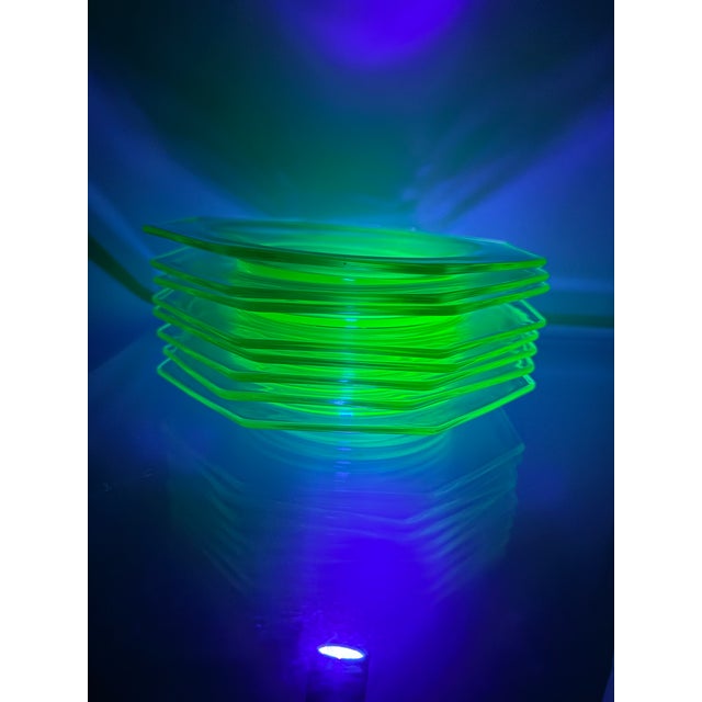 Art Deco 1940s Uranium Green Depression Glass Octagon Salad Dessert Plates- Set of 8 For Sale - Image 3 of 10