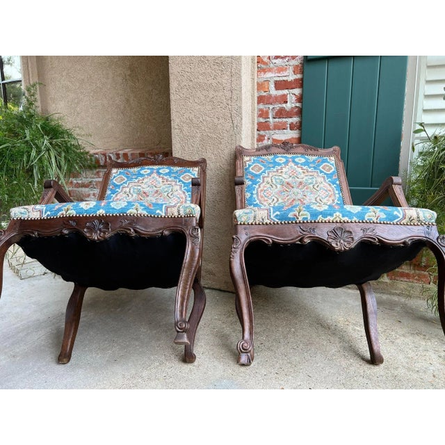 Pair Antique French Dining Arm Chairs Louis XV Carved Oak Blue Persian Textile For Sale - Image 12 of 18