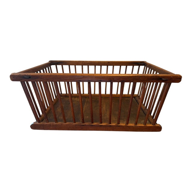 Farmhouse Large Antique Oak Slat Market Basket | Primitive General Store Produce Display Crate | Mission Style Farmhouse Storage For Sale - Image 3 of 17