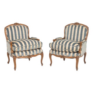 Louis XV Style Velvet Upholstered Bergeres, Pair For Sale