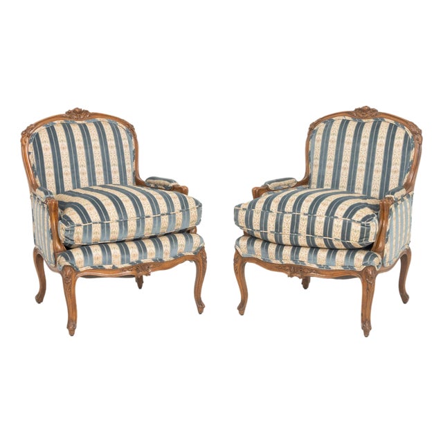 Louis XV Style Velvet Upholstered Bergeres, Pair For Sale