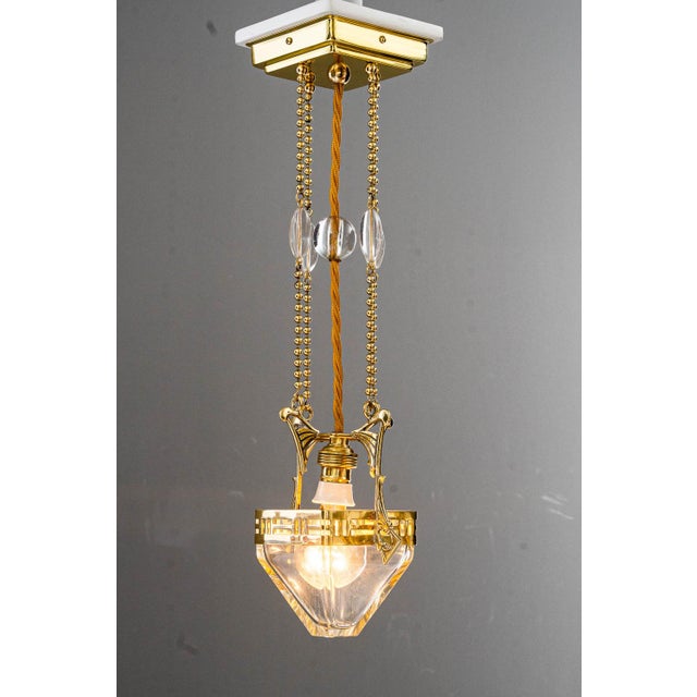 Gold Small Art Deco Hanging Lamp with Clear Cut Glass, Vienna, 1920s For Sale - Image 8 of 18