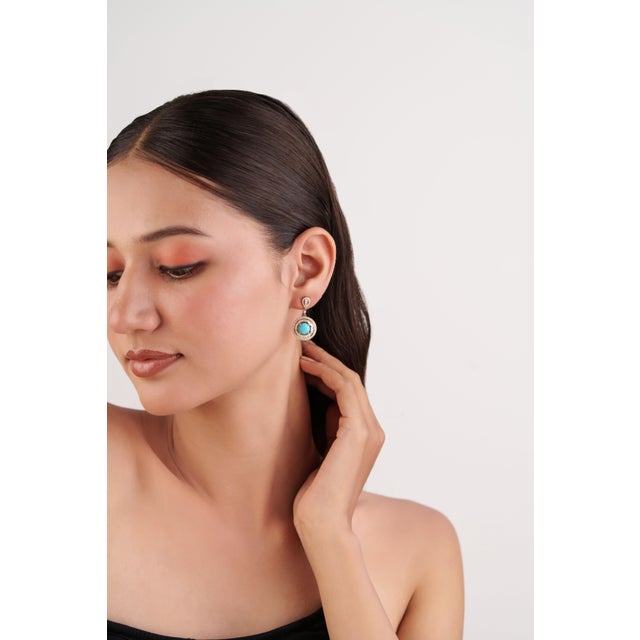 Luxury 14k Gold Turquoise & Diamond Double Halo Drop Earrings, 3.07ct- A Pair For Sale In New York - Image 6 of 14