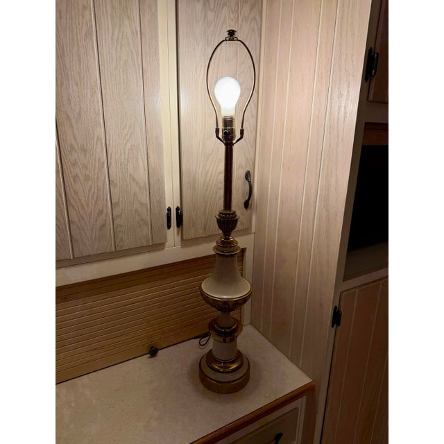 Brass Vintage Brass and Glazed Metal Mid Century Lamp For Sale - Image 8 of 11