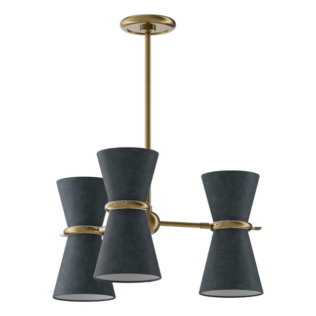 Gable Pendant, Antique Natural Brass with Storm Blue Shade For Sale