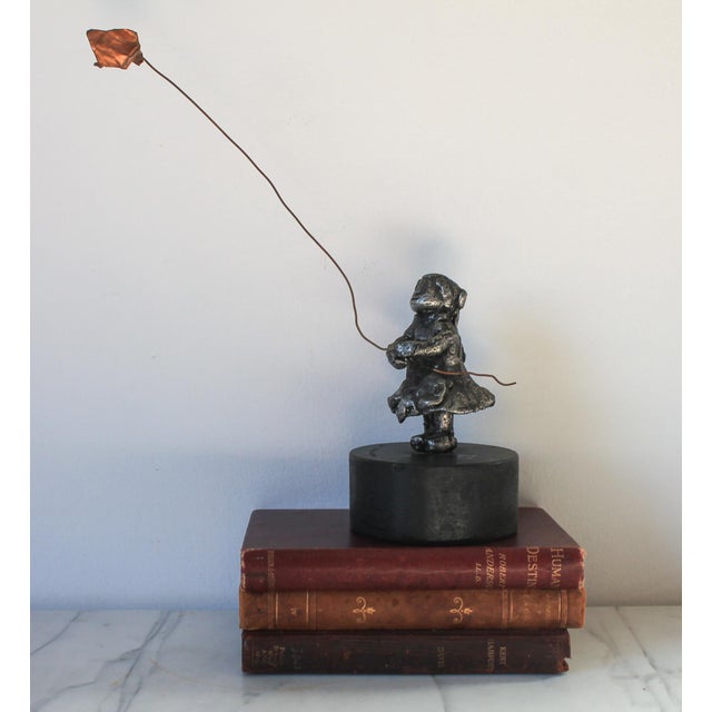 Vintage Metal Sculpture of Girl Flying Copper Kite For Sale - Image 4 of 12