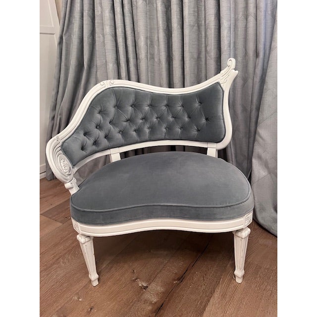 Hand Carved Vintage Slipper Chairs Light Blue Velvet Cushion/Tufting For Sale In Los Angeles - Image 6 of 8