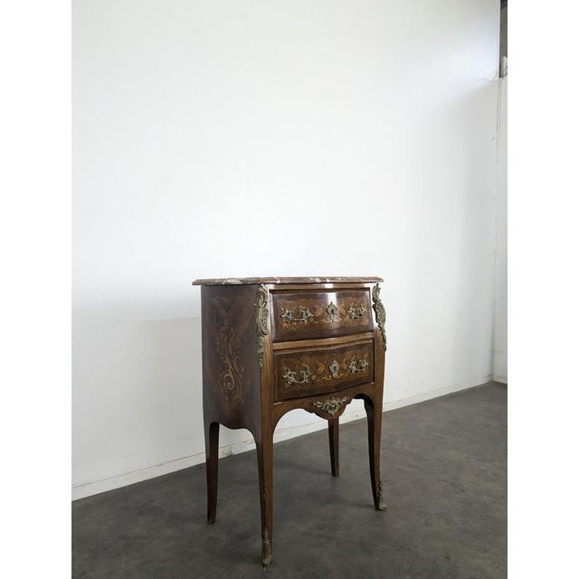 Small Louis XV Style Commode with Marquetry and Red Marble Top For Sale - Image 3 of 11