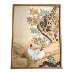 Mid Century Japanese, Ito Jakuchu Style, Framed Painting Featuring Two Roosters W/Large Gnarled Tree Trunk & Foliage