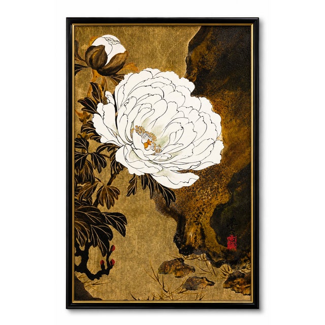 Japanese peony wall art featuring Shibata Zeshin’s 1882 lacquer painting, professionally reproduced as a museum-quality...