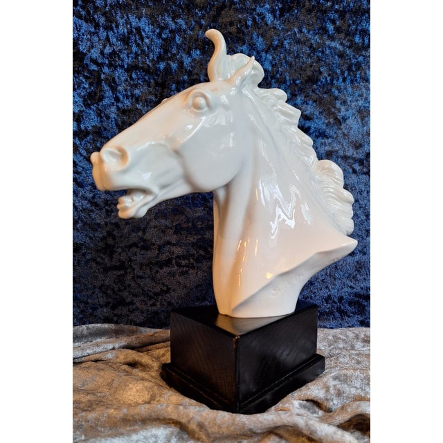 Horse Head Sculpture in White Glazed Porcelain on Black Base by Erich Oehme for Meissen, 1970s, in Very Good conditions....