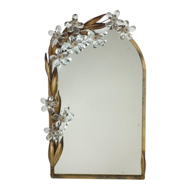 Italian Glass Flowers Gold Metal Mirror with Lamp from Banci, Firenze, 1970s For Sale - Image 12 of 12