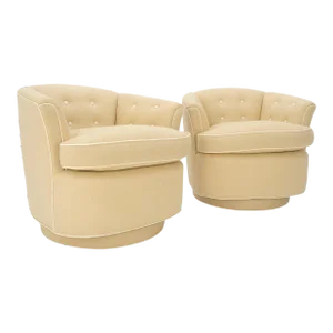 New Linen Upholstery Round Swivel Tub Barrel Back Chairs Baughman - A Pair