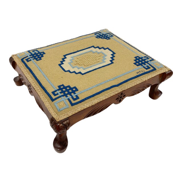 Vintage Needlepoint Carved Wood Footstool For Sale