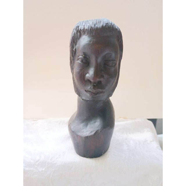 African Vintage Mid-Century Hand-Carved African Ebony Wood Male Bust For Sale - Image 3 of 10