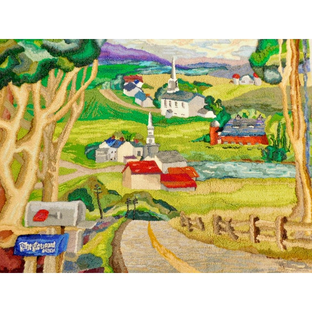 RFD Courant, hooked rug tapestry, rural community with country homes and buildings throughout rolling hills, lush green...