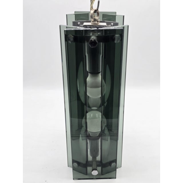 Pendant Light in Thick Green-Grey Glass and Chromed Metal in the style of Fontana Arte, 1970 For Sale - Image 3 of 14
