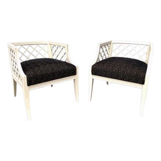 Pair of 1940s Grosfeld House Vintage White Lacquered Lattice Work Lounge Chairs For Sale