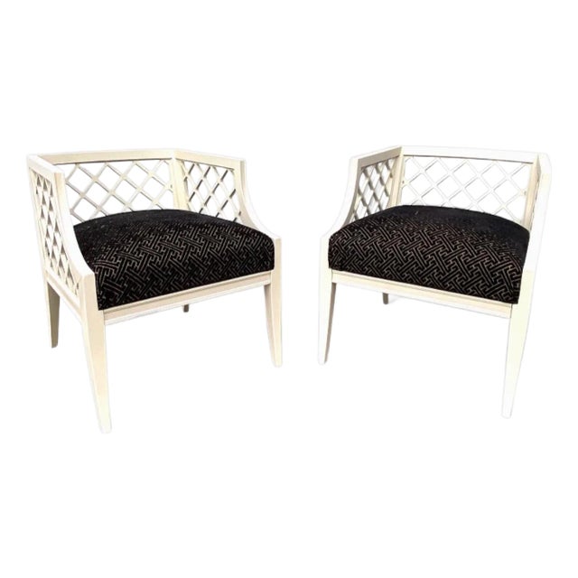Pair of 1940s Grosfeld House Vintage White Lacquered Lattice Work Lounge Chairs For Sale