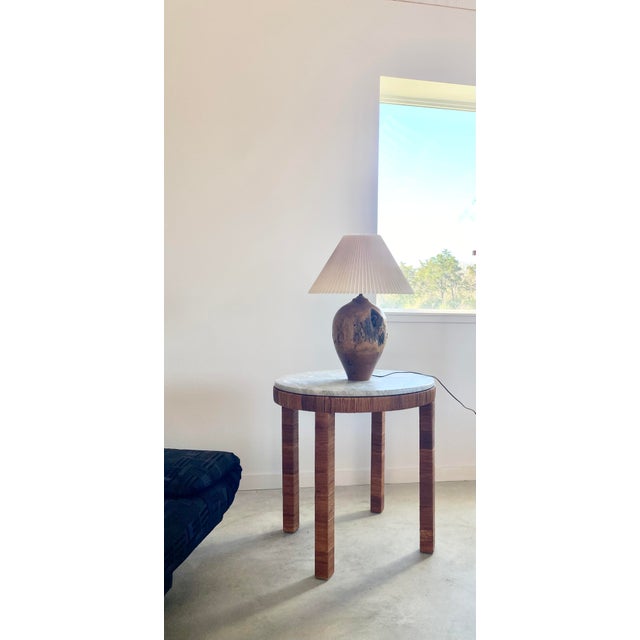 Contemporary Carved Turned Wood Log Artisan Rustic Lamp + Pleated Shade For Sale - Image 3 of 18