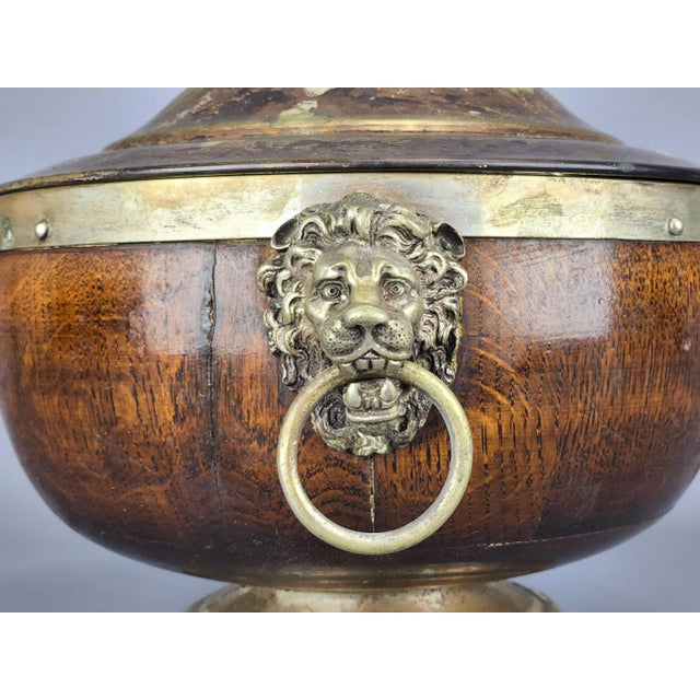 1870's Antique English Oak & Silver Plated Victorian Pedestal Trophy Salad or Fruit Bowl Dish With Lid and Lion Head Ring Handles For Sale - Image 10 of 12
