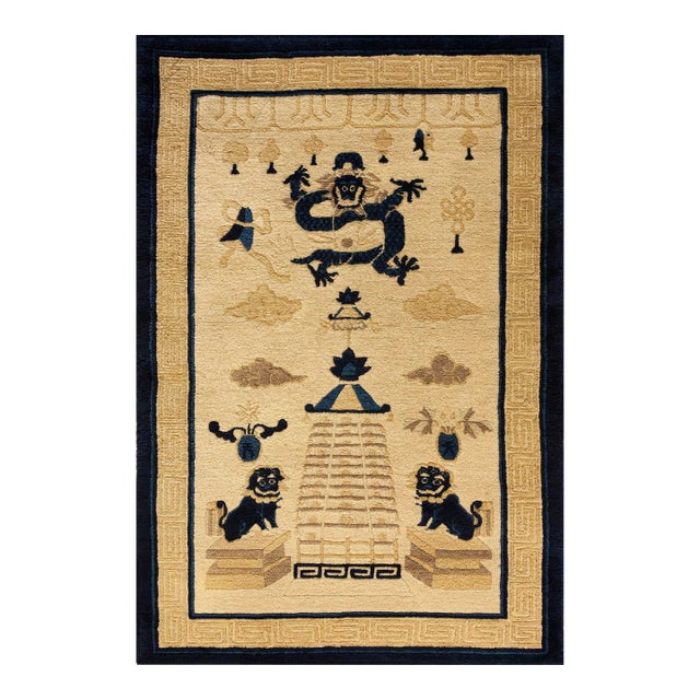 Formidable Tan Beige and Navy Blue Color Chinese Peking Dragon Rug For Sale
