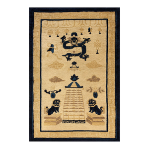 Formidable Tan Beige and Navy Blue Color Chinese Peking Dragon Rug