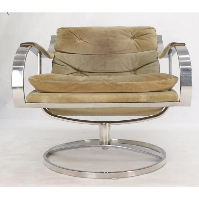 Heavy Gage Polished Stainless Steel Swivel Base Suede Upholstery Lounge Chair For Sale - Image 12 of 13