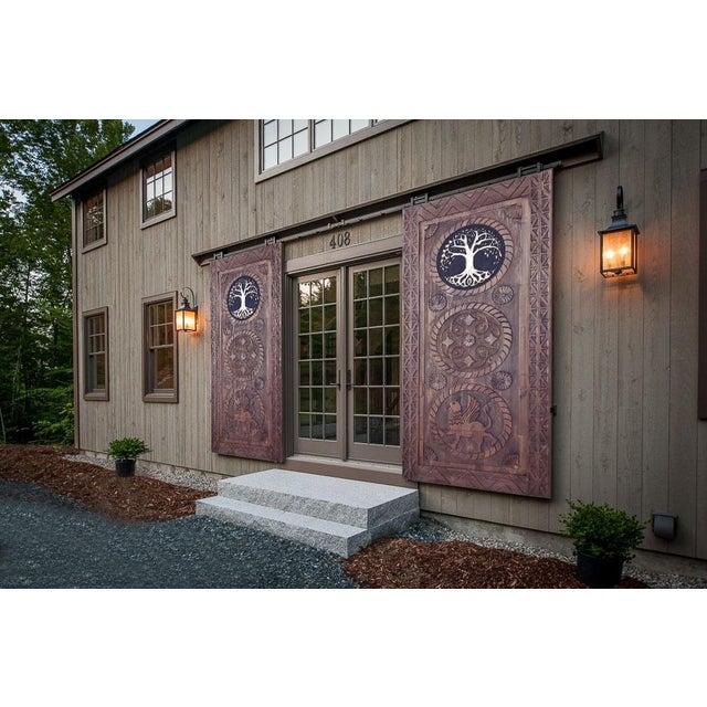 Brown Hand-Carved Solid Wood Barn Door With Tree of Life & Mythological Griffin Motifs – Artisan Entry Door For Sale - Image 8 of 8