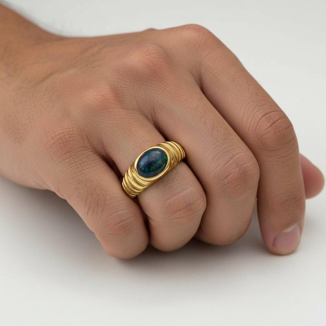 Oval Bezel Black Opal Ring for Men Silver, Gold, Size 10 For Sale - Image 4 of 5