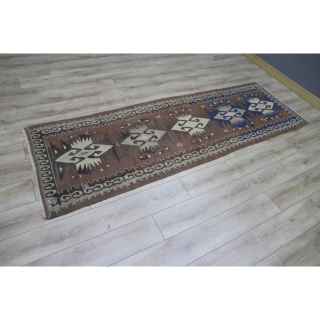 Tribal 1980s Tribal Brown Handmade Runner Kelim For Sale - Image 3 of 10