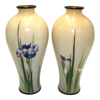 Pair of Antique Japanese Meiji Namikawa Sosuke Musen Cloisonné Iris Vases - Signed For Sale