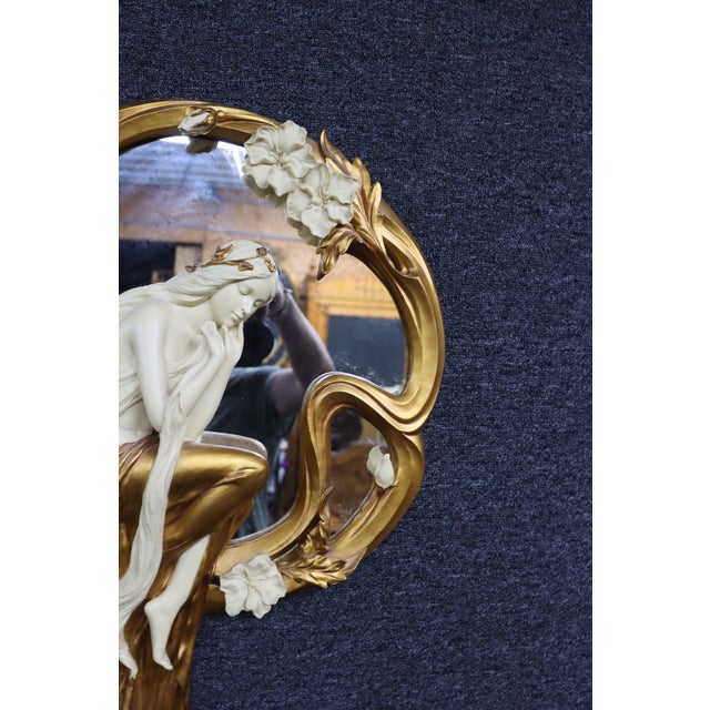 Gold Art Nouveau Style Figural Gilt Wall Mirror With Maiden and Floral Motif For Sale - Image 8 of 8