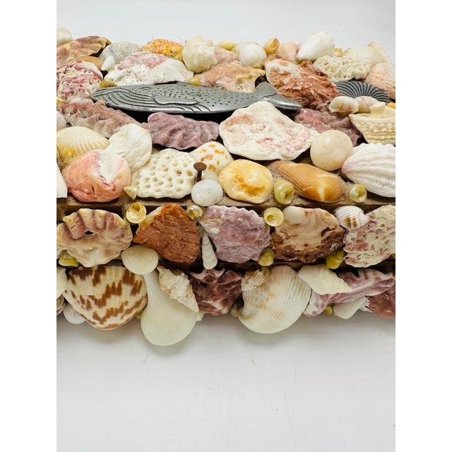 Vintage Handcrafted Shell Box Exterior Design: • Surface: The entire outer surface of this rectangular wooden box is...
